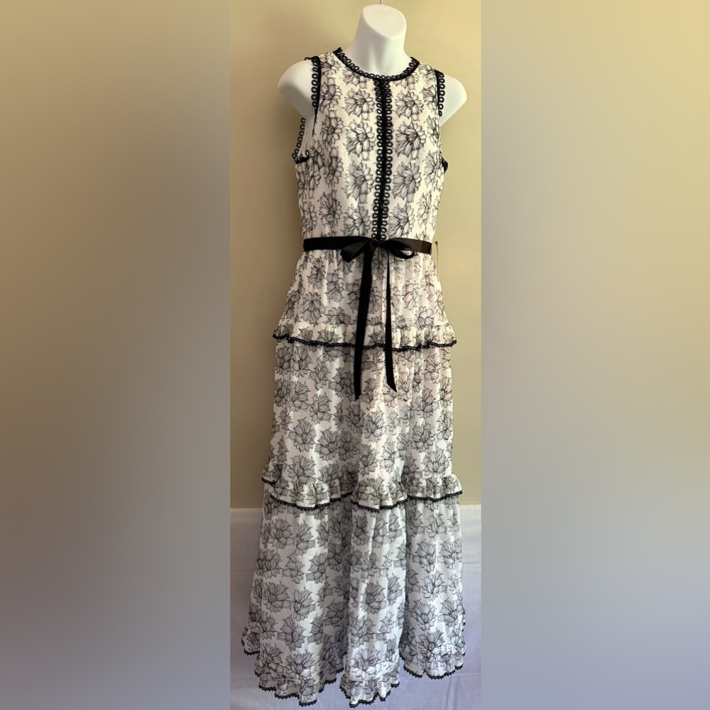 Monique Lhuillier A-Line Cocktail Dress, White/Black, Floral Women's 8 - Picture 16 of 16
